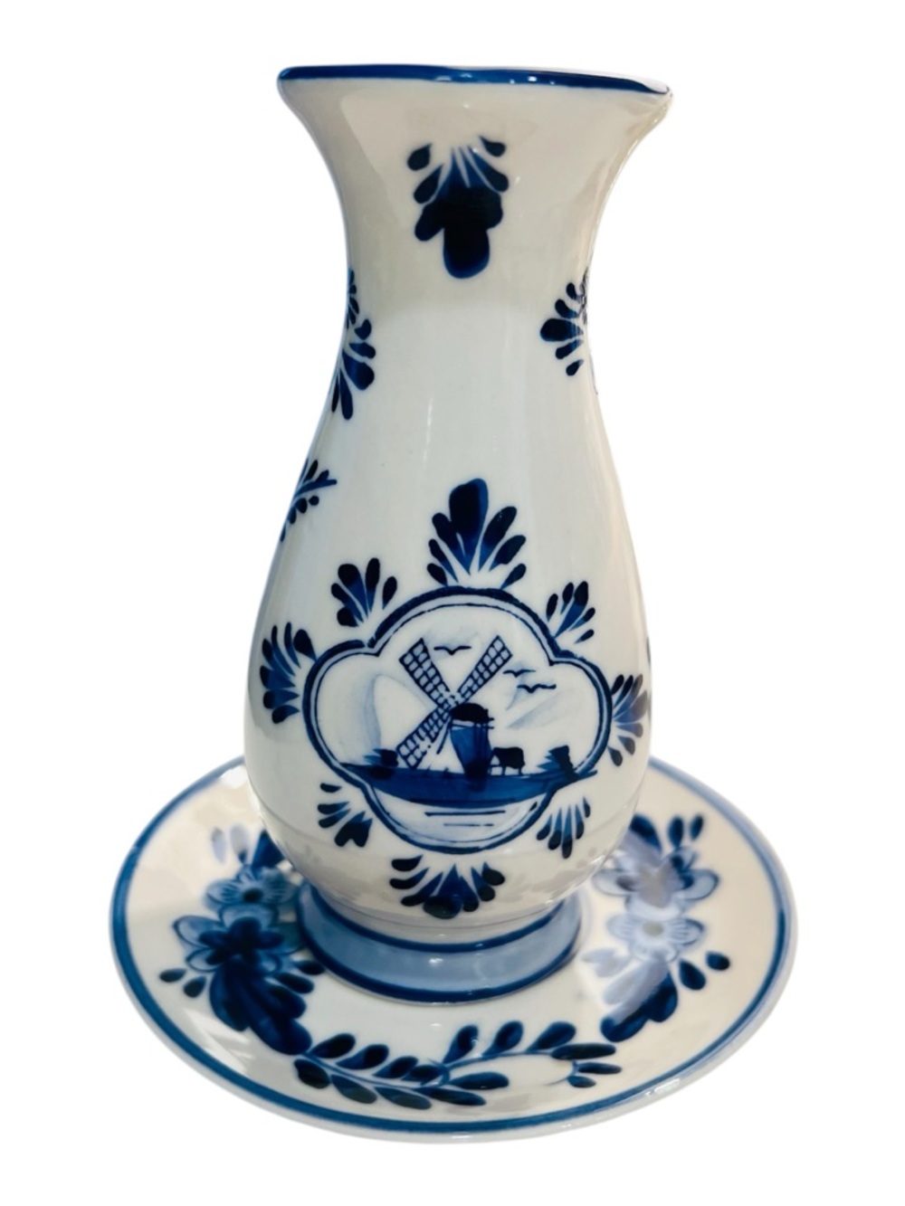 Vintage Delft Blue Bud Vase w Plate Handpainted Holland Windmill Floral 5.5”